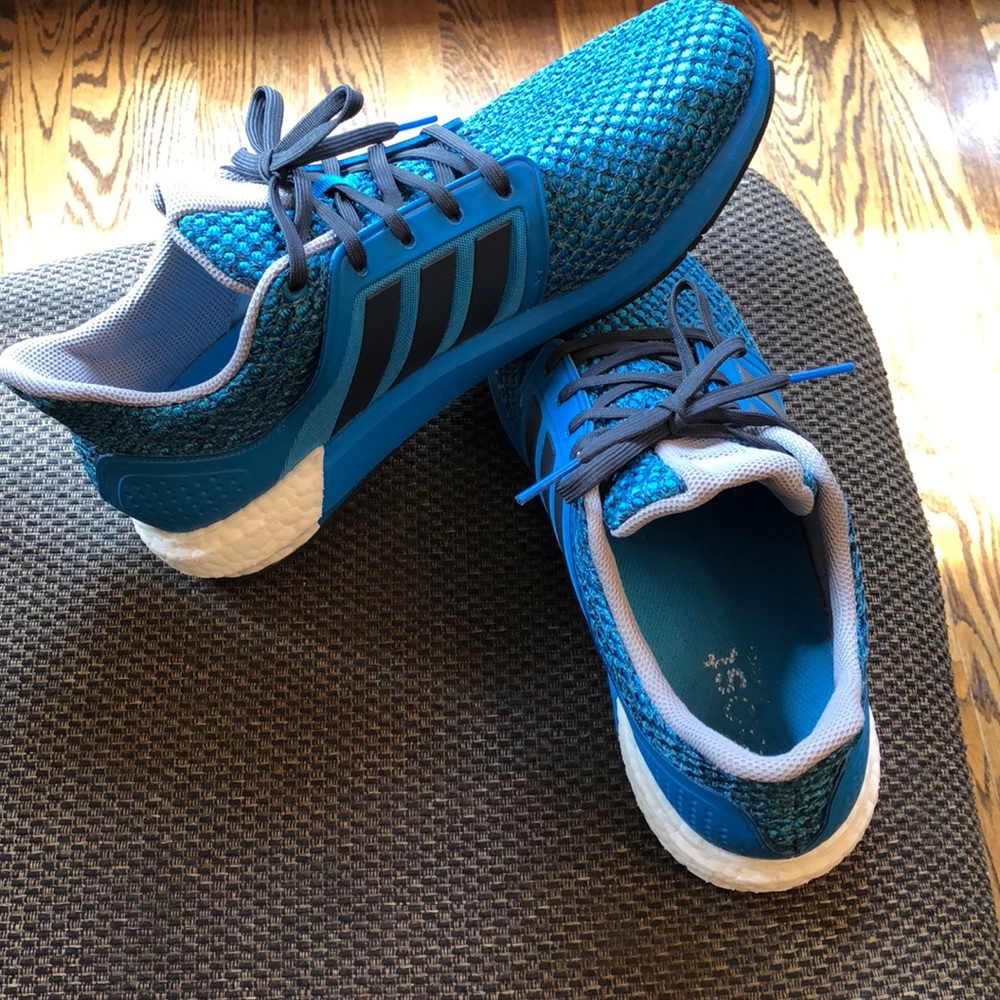 Bright blue Adidas boosts